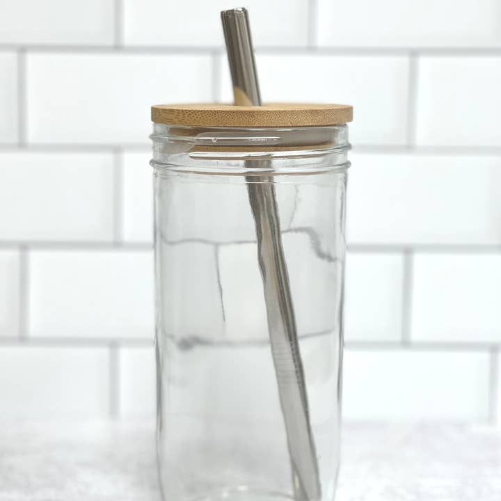 Birdbath - Wholesale Drinking Glass/Cup - Eco Glass Mason Jar with Bamboo Lid and Stainless Straw