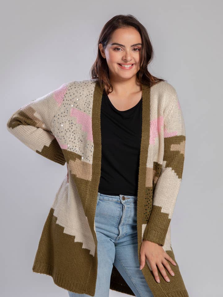 Colorblock KHAKI plus size vest with sequins (JX080) for wholesale by Pomme Rouge Paris