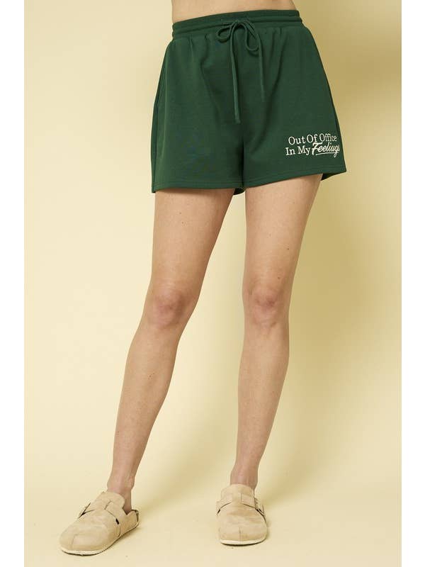 Green "OUT OF OFFICE" EMBROIDERY SWEAT SHORT for wholesale on Faire