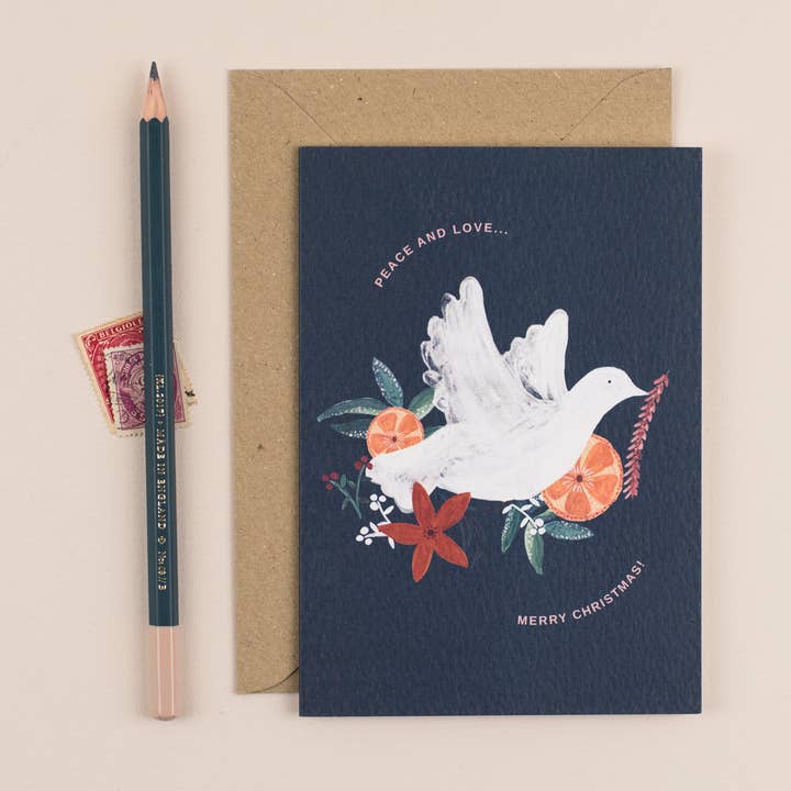 Tarjeta Feliz Navidad Peace & Love para venta al por mayor de Chloe Hall Illustration
