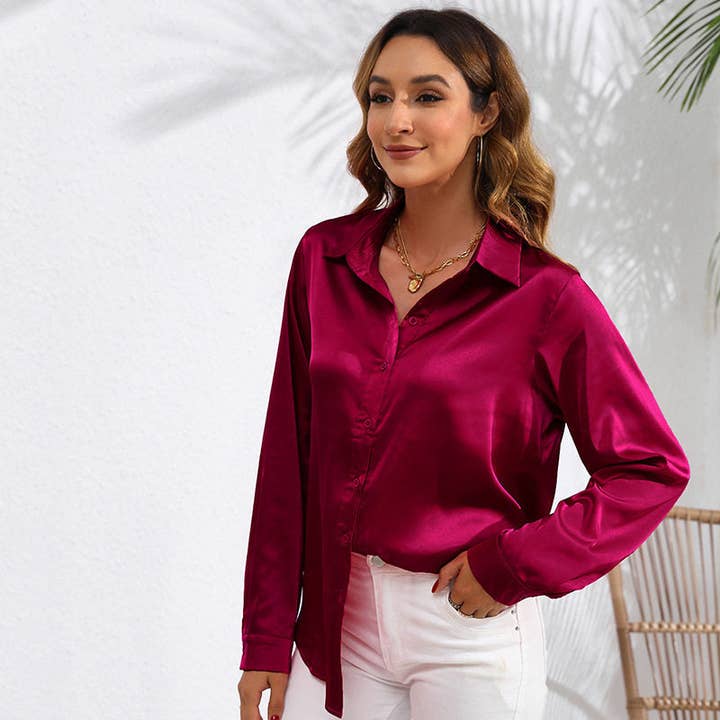 Solid Color Satin Long Sleeve Shirt for wholesale by UZ Wholesale Store
