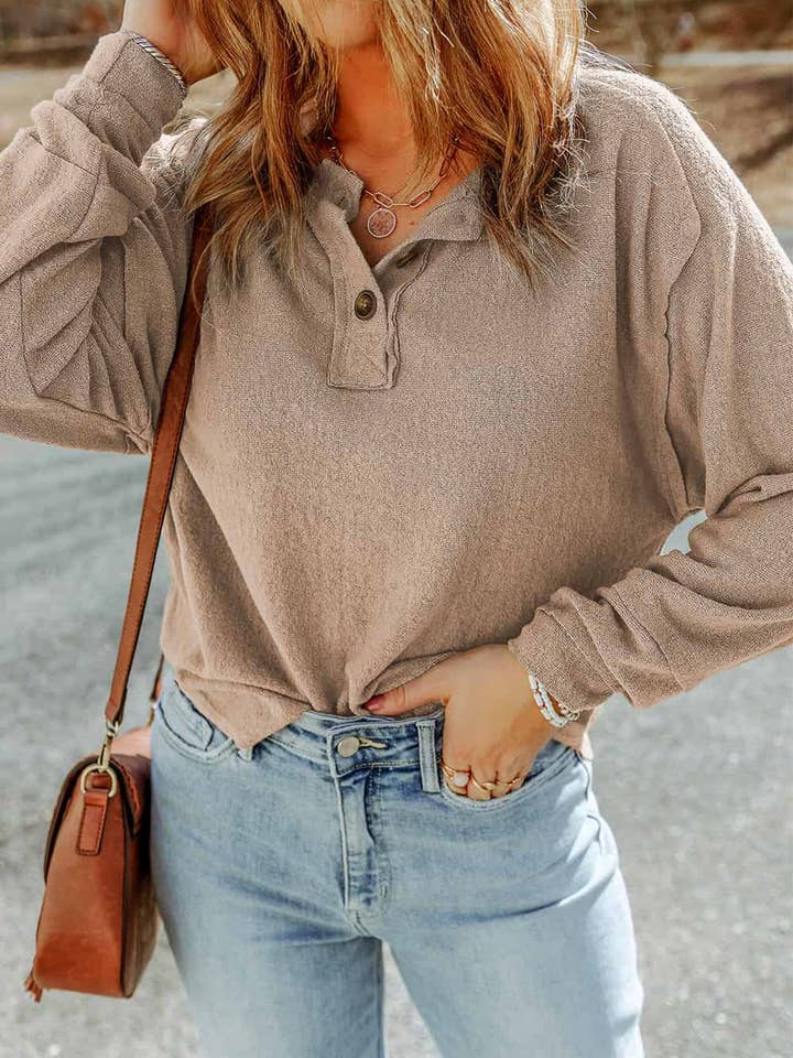 Apricot Button Split Neck Retro Patchwork Long Sleeve Top for wholesale on Faire