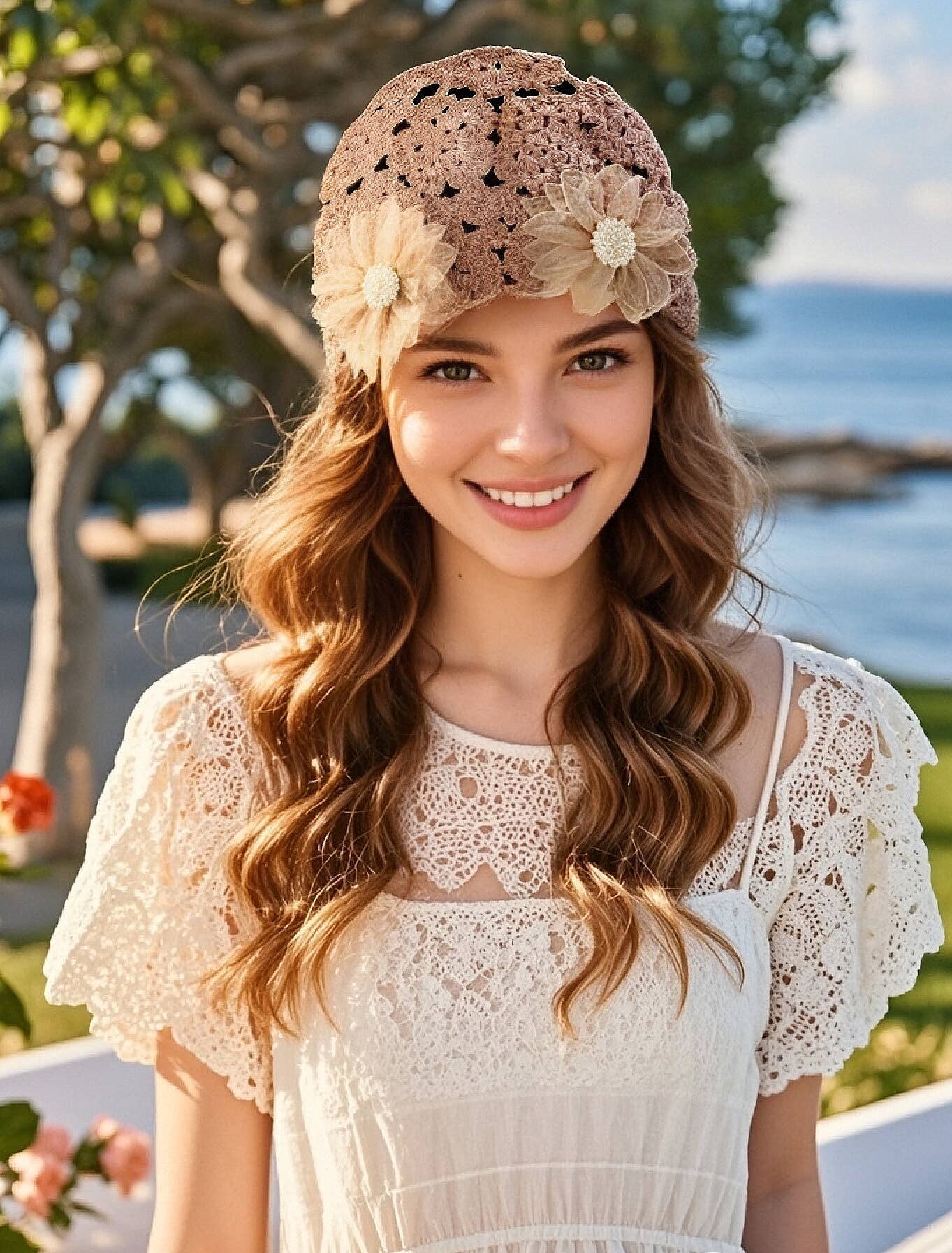 JC Sunny Fashion – wholesale Mössa - Dam – JCH903350 Boho Chic Virkad Hatt med Pärlor & Chiffongblommor5