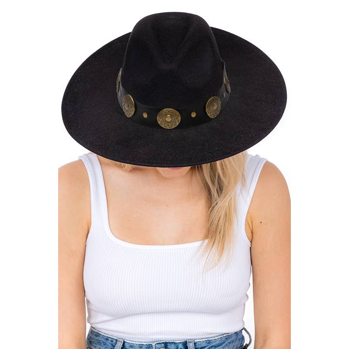 Cap Zone - Wholesale Fedora - Women's - Bronzed Concho Vegan Leather Belt Felt Rancher Hat