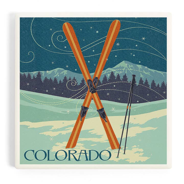 Lantern Press - Wholesale Coasters - CERAMIC COASTER Colorado, Crossed Skis, Letterpress