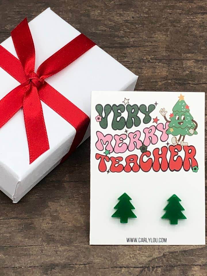 Retro Christmas Teacher Earrings - Very Merry Teacher for wholesale by Carly Lou
