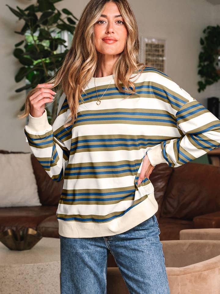 Khaki randig tröja med rund hals och nedhasade axlar för wholesale av Shoppe247