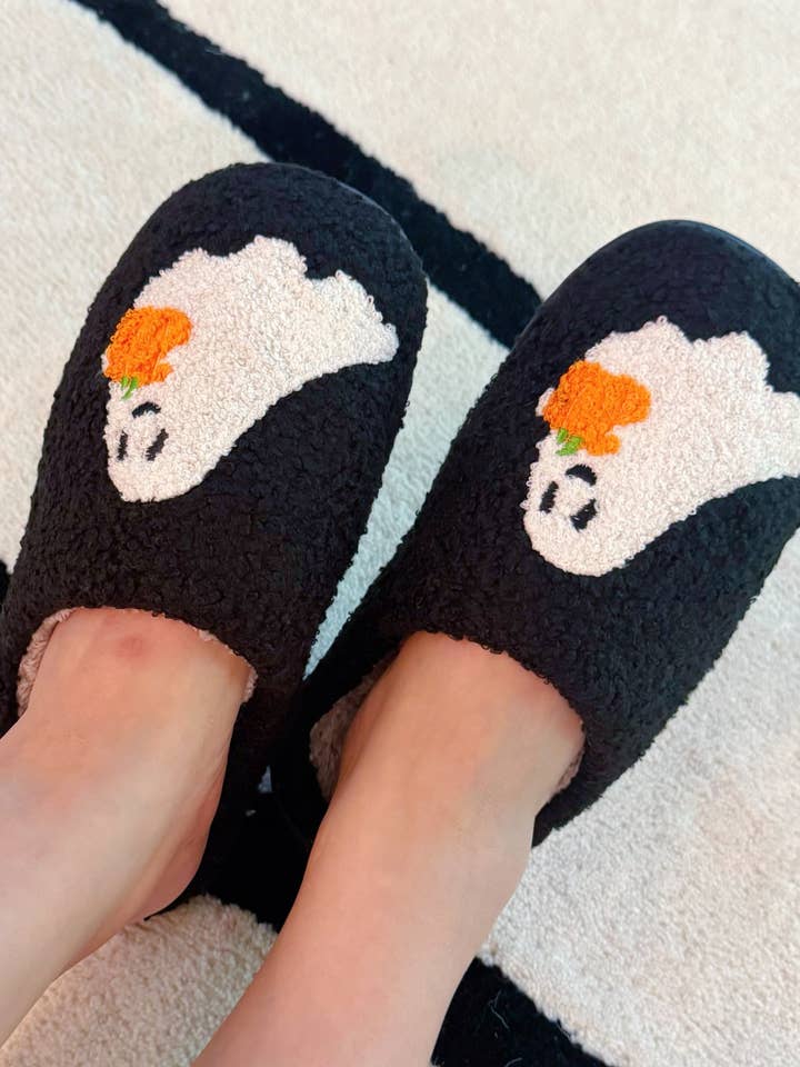 Ellison+Young - Wholesale Slippers - Women's - Spooky Ghost Cozy Slippers – Soft Black Slippers with Cute Ghost and Pumpkin Embroidery1