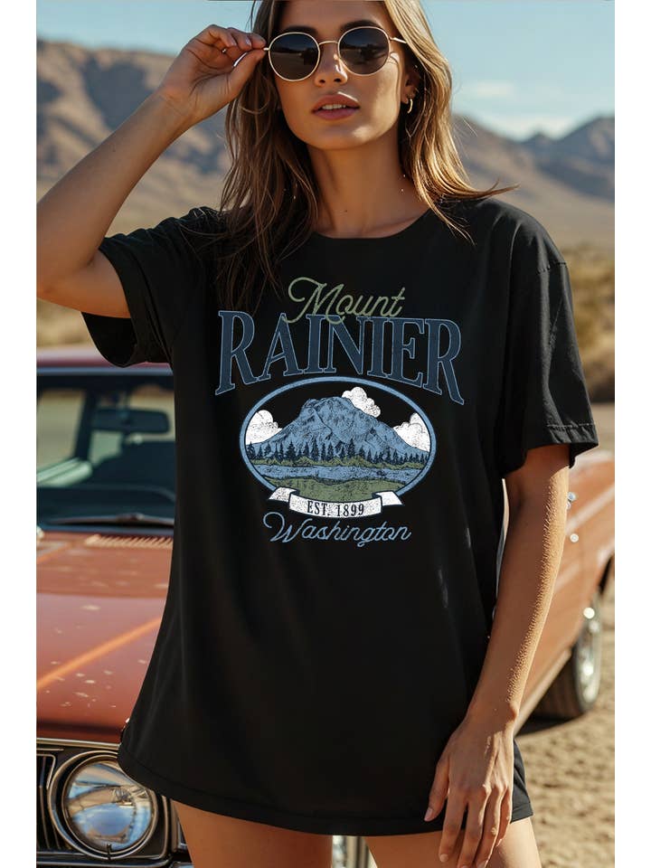 BouTeeQue Closet - Wholesale Screen Printed T-Shirt - Women's - BT2592-T Women Mount Rainier Graphic Print Short Sleeve Top