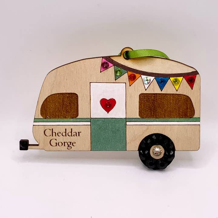 Laser Engraved Touring Caravan Wooden Ornament for wholesale by The Sparkorium