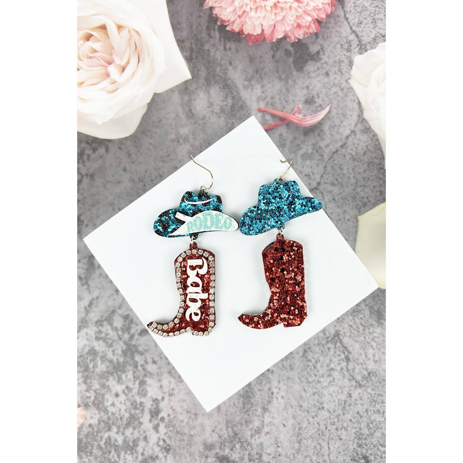 JHP Collection - Wholesale Dangle Earrings - RODEO BABE HOOK EARRING OF GLITTER COW BOY HAT AND BOOTS
8