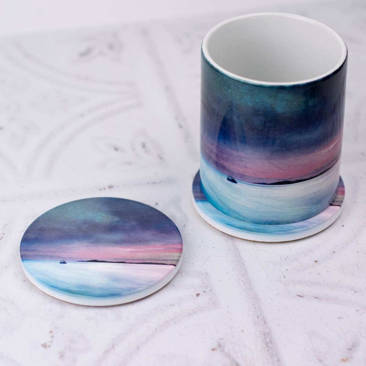 Cath Waters Scottish Landscapes – wholesale Coasters – Fishing the Little Minch Ceramic Coaster Gift Boxed3