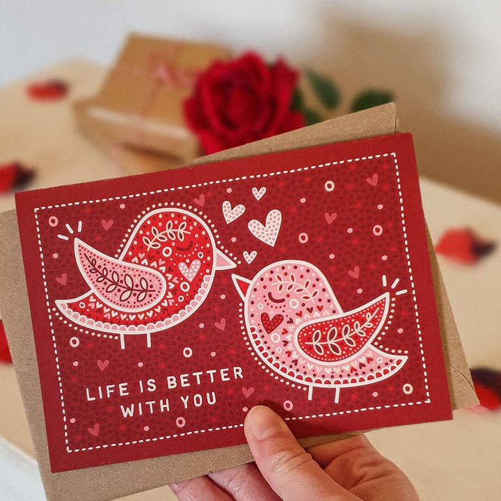 Jess A Little Creative - Wholesale Anniversary Card - Red Lovebirds 'Life Is Better With You' Anniversary Card