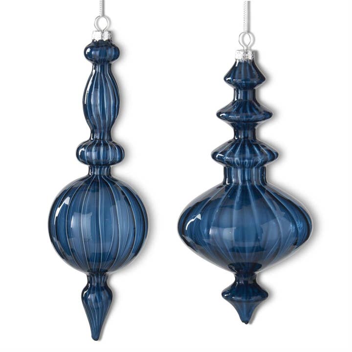 Assorted Handmade Dark Blue Glass Finial Ornaments (2 Styles) – Elegant Ribbed Hand-Blown Christmas Decor for wholesale by RC Home Decor