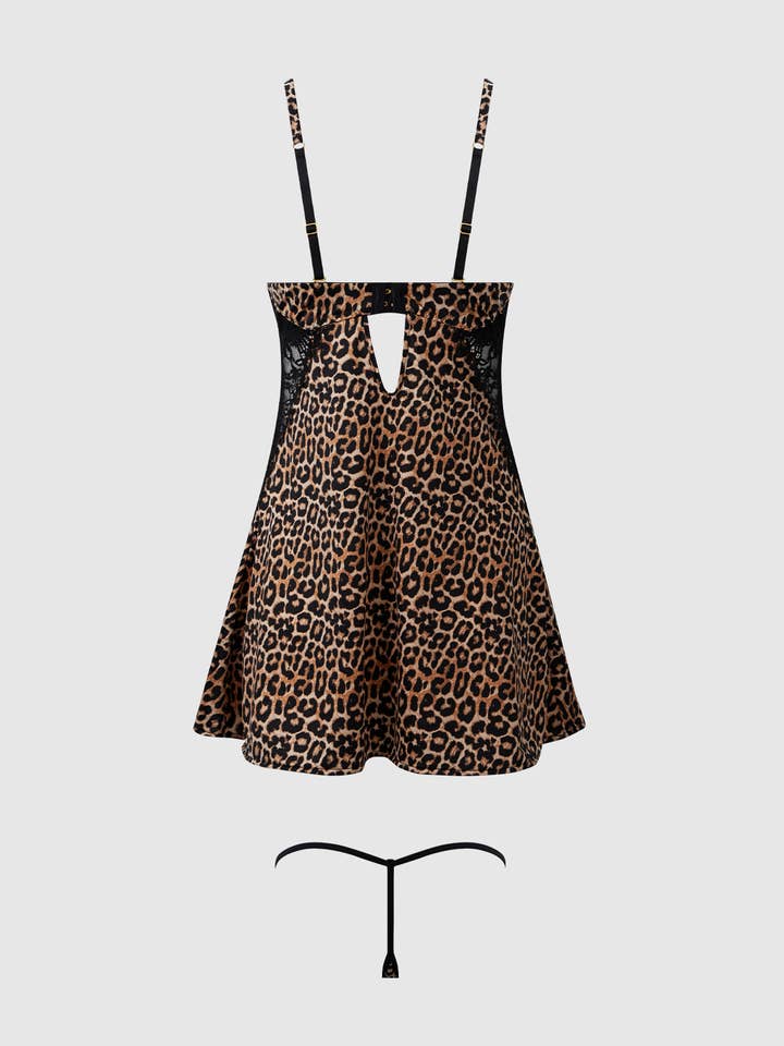 Leopard Black DEVON SILKY SATIN SWIRL PLUNGE PUSH UP BABYDOLL SET for wholesale on Faire10