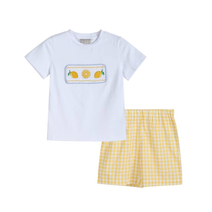 Conjunto de camisa y pantalones cortos con estampado de limón a cuadros vichy amarillo para venta al por mayor de Lil Cactus