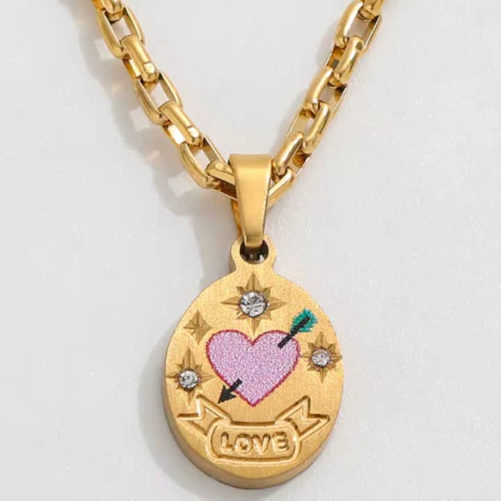 HoopLa - Wholesale Pendant/Charm Necklace - Love Painted Enamel Talisman Necklaces. Engraved. Steel 14