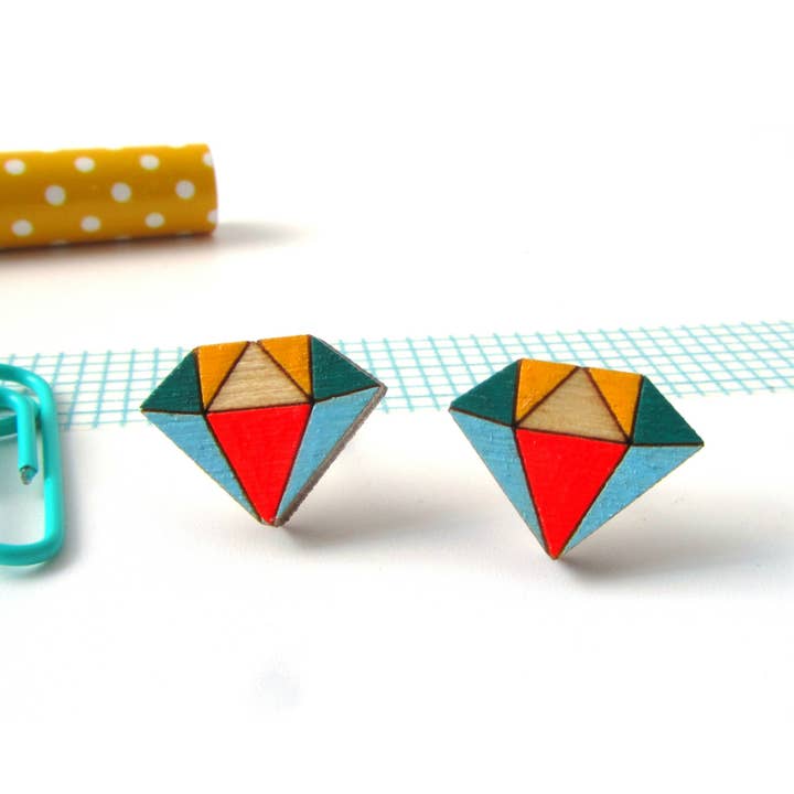 Geometric Diamond Wooden Earrings for wholesale by Red Paper House