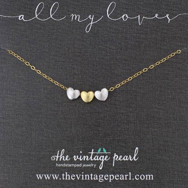 All My Loves Necklace (Mixed Metals-Gold - 1-6 hearts) for wholesale by The Vintage Pearl
