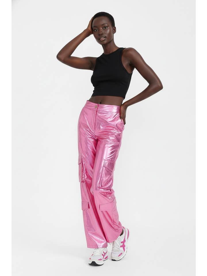 5besties inc - Wholesale Pants - Women's - CARGO POCKETS METALLIC WIDE LEG PANTS3