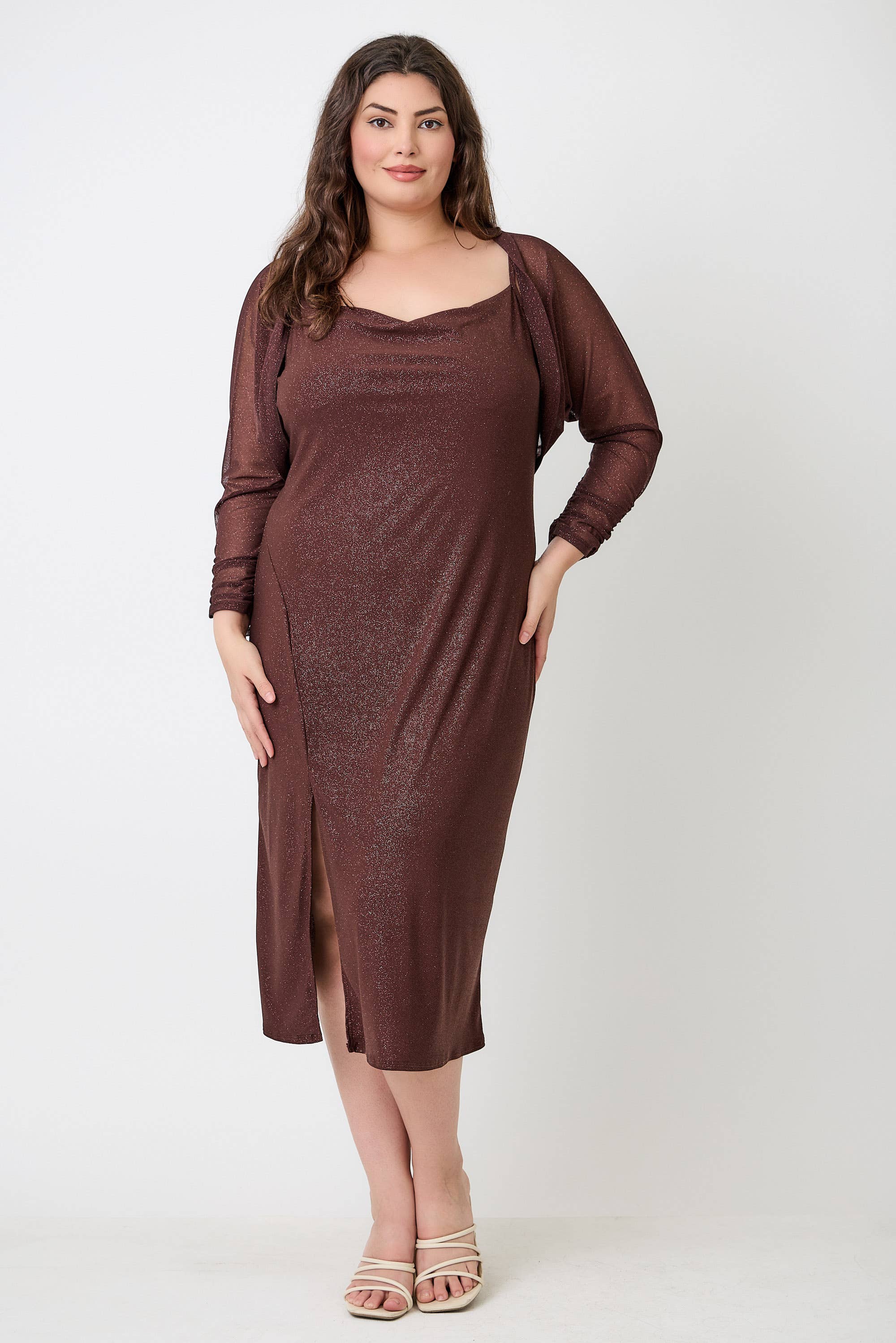 Haute Fox Plus Size & Contemporary - Wholesale Dress - Women's - Plus Size Shimmer Midi Dress with Front Slit JK18749-D5