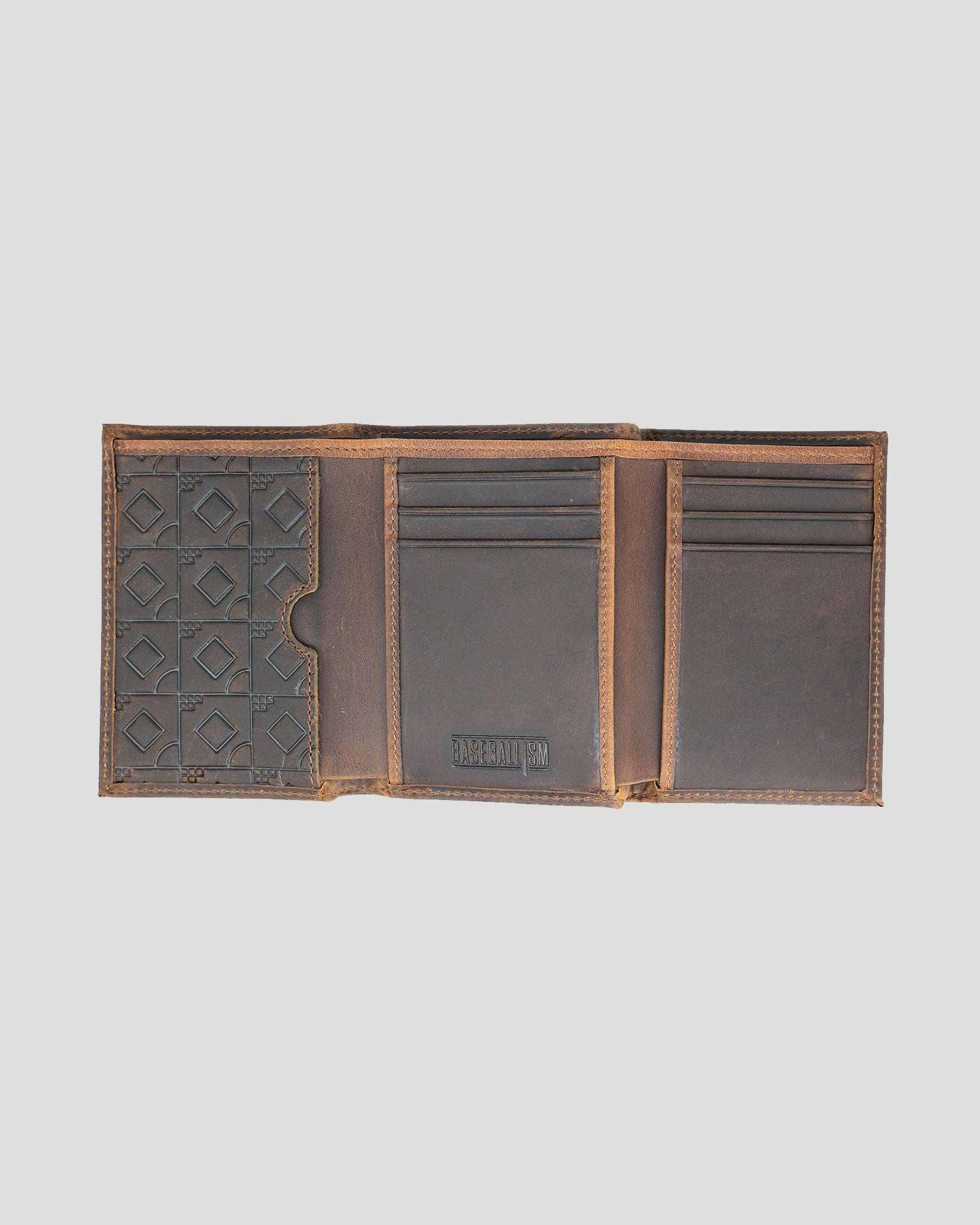 Baseballism – wholesale Wallet - Men’s – Flag Man Badge Trifold Glove Leather Wallet - Oak1