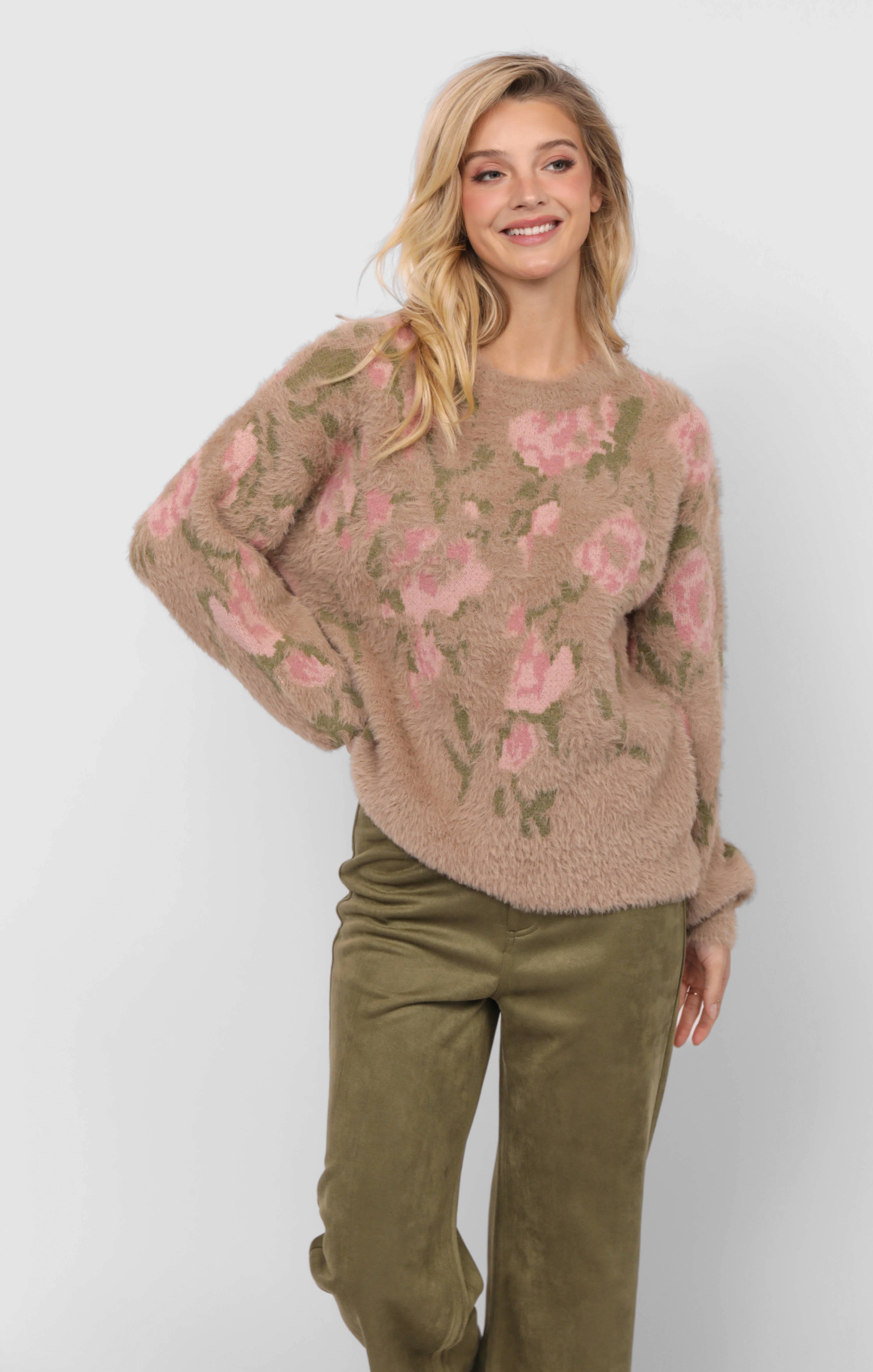 Sadie & Sage - Wholesale Knitted jumper – Women′s - Camila Eyelash Yarn Jacquard Pullover Sweater : TAUPE MULTI