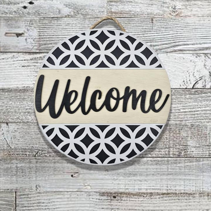 Geometric Welcome Sign: Modern Birch Wood Door Hanger (16 Inches) for wholesale by Southcoast Lasersmith