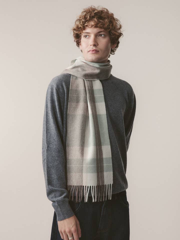 Contemporary Check Lambswool Scarf - Seafoam for wholesale by Kiltane