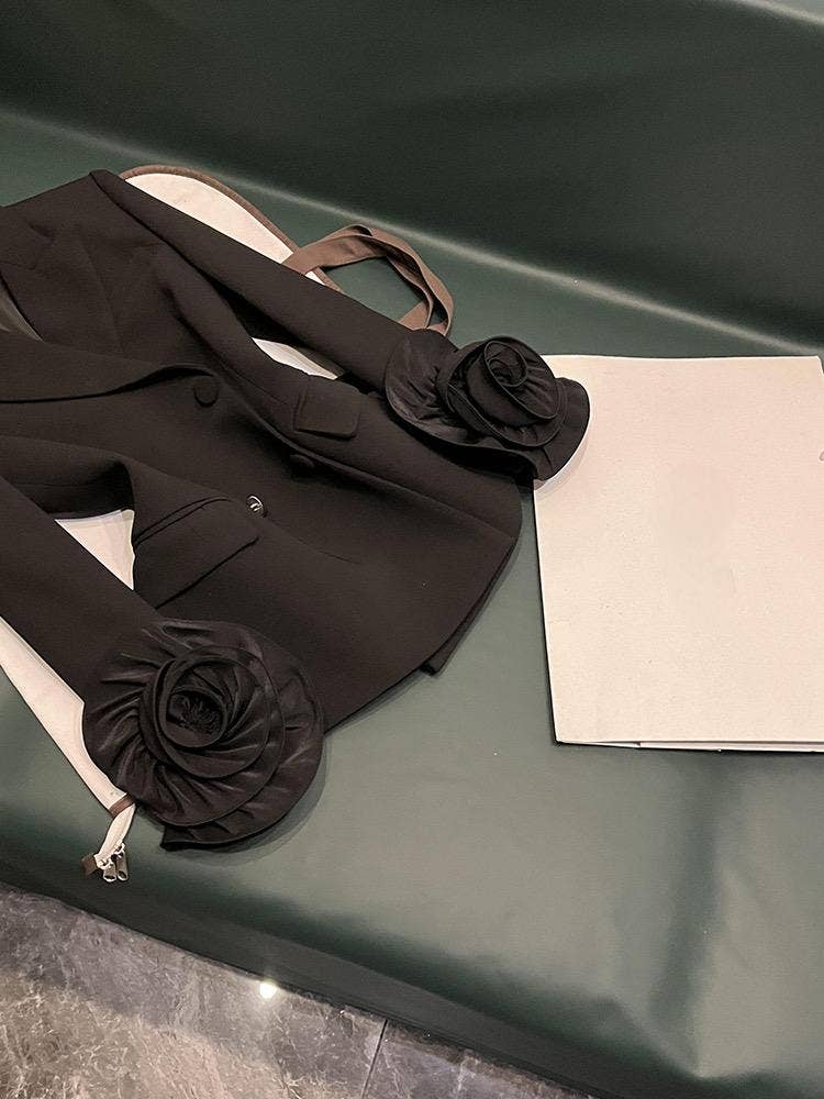 Black SY392 Double-Breasted  Suit Jacket with 3D Flower Cuffs for wholesale on Faire1