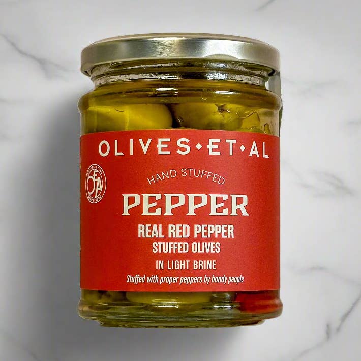 Real Red Pepper Stuffed Olives for wholesale by Olives Et Al