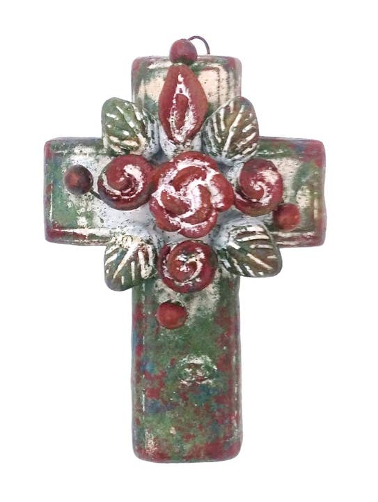 Pottery Cross With Flower Bouquet - Rustic Finish for wholesale by Sedona Spirit