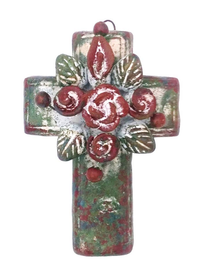 Pottery Cross With Flower Bouquet - Rustic Finish for wholesale by Sedona Spirit