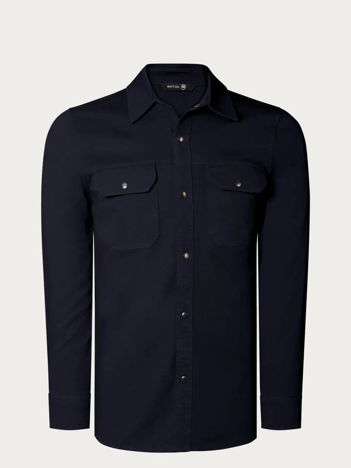 Snap Button Cotton Collared Shirt - Navy for wholesale by Ron Tomson