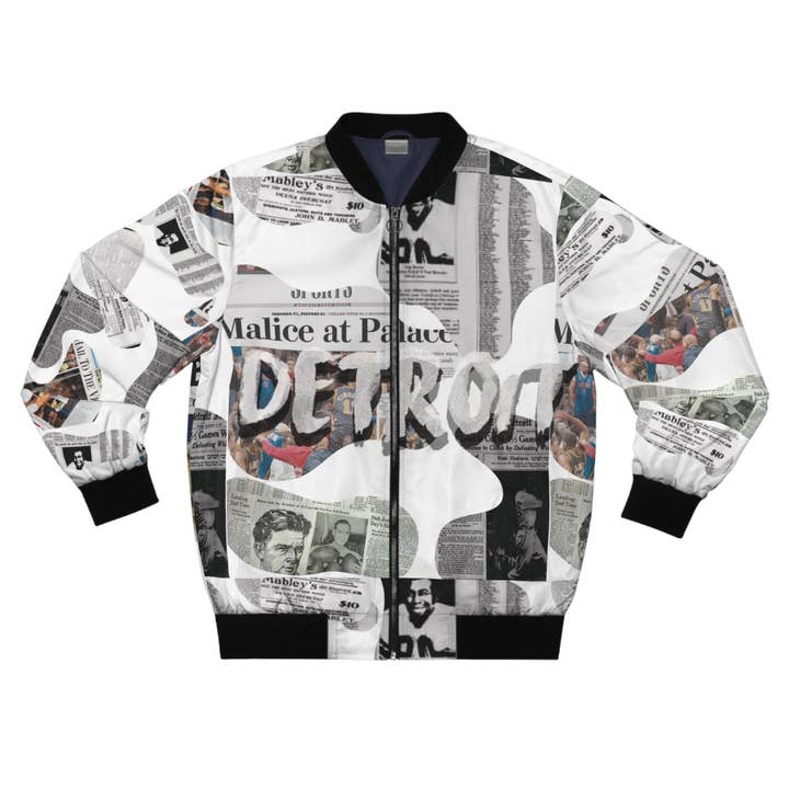 Detroit Newspaper Cutout Kimante All White AOP Bomber Jacket for wholesale by Kimante Clothing