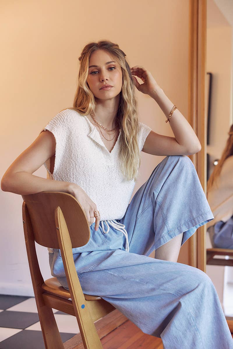 in february - Wholesale Knit Sweater - Women's - RELAXED FIT SLUB KNIT SWEATER TOP WITH SPLIT NECK0