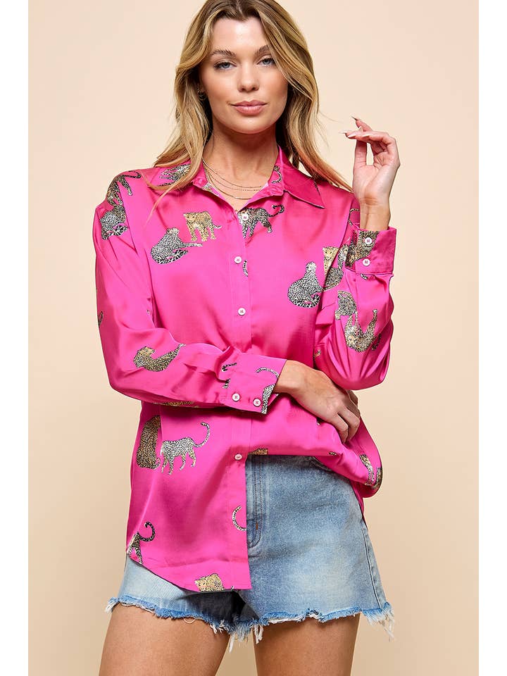 Rose Red Cheetah Print Button Up Shirt for wholesale on Faire