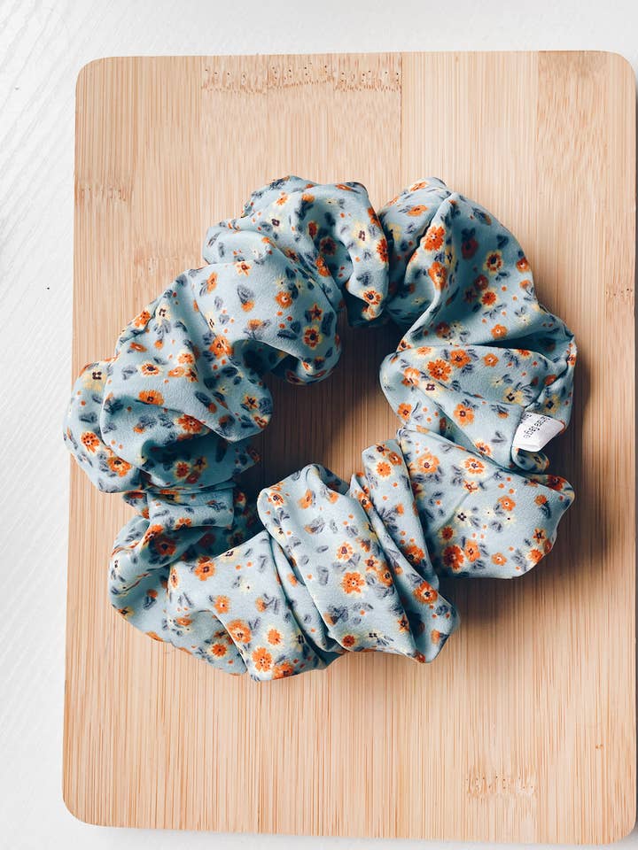 Gaillardia Cyan Blue Floral Spring Scrunchie, Hair Accessory for wholesale by Sahara Sage Boutique