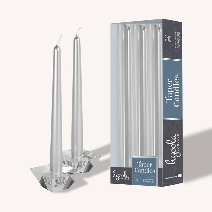 Metallic Silver Taper Candles - 12 Inch - 12 Pack for wholesale by Hyoola Candles