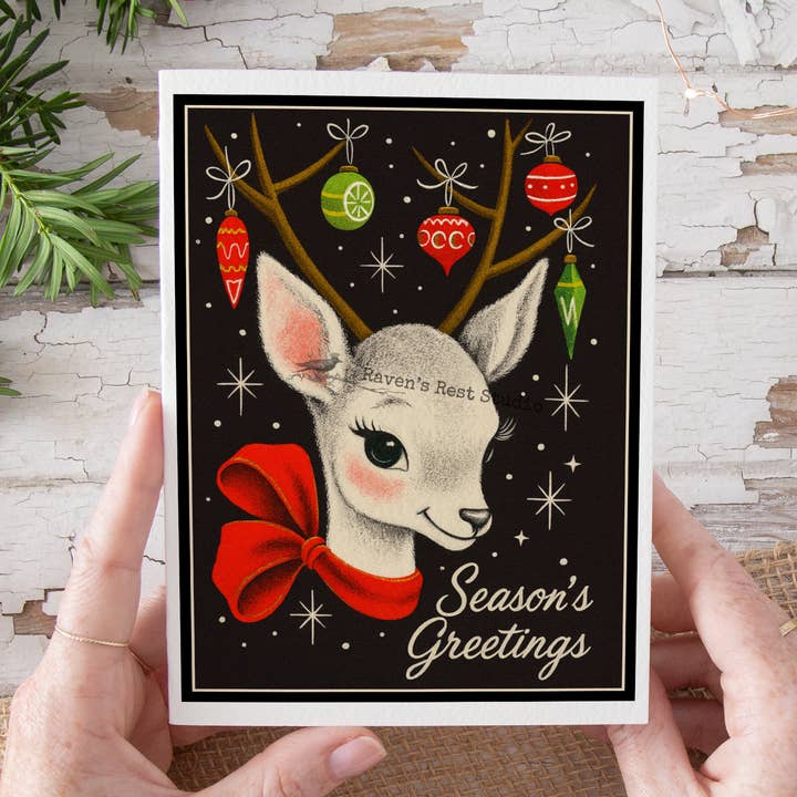 Christmas Card. Bold Retro Style Deer With Ornaments. for wholesale by Cheerful Whimsies