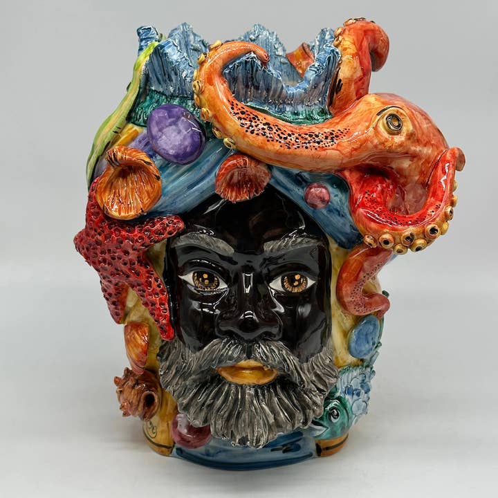 DD Ceramiche Siciliane - Venta al por mayor Figura decorativa - Teste di Moro Nettuno Ceramica Caltagirone cm H.30 L.24 Decoración siciliana hecha a mano