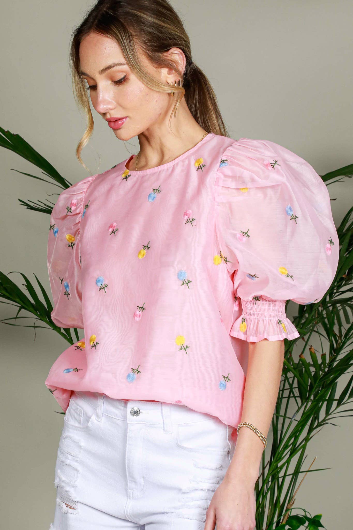 Vine & Love - Wholesale Blouse - Women's - Floral Embroidered Round Neck Organza Blouse Top VT82255-7