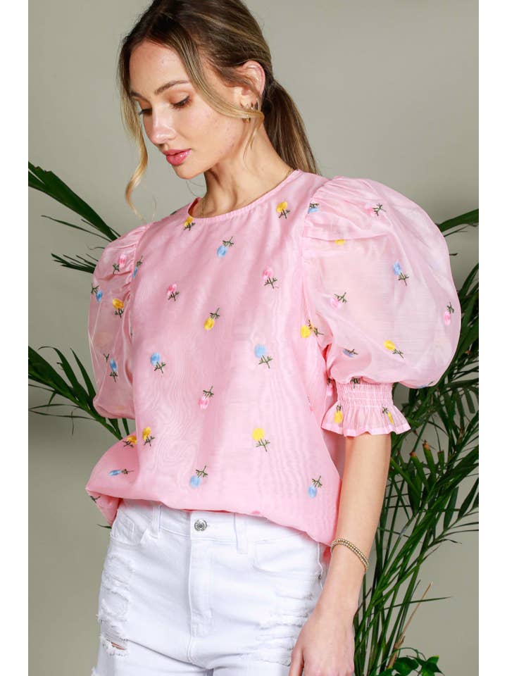 Vine & Love - Wholesale Blouse - Women's - Floral Embroidered Round Neck Organza Blouse Top VT82255-7