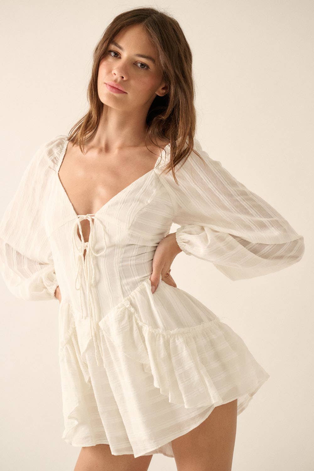 Promesa USA - Wholesale Romper - Women's - Textured Tonal-Stripe Ruffled Tie-Front Romper21