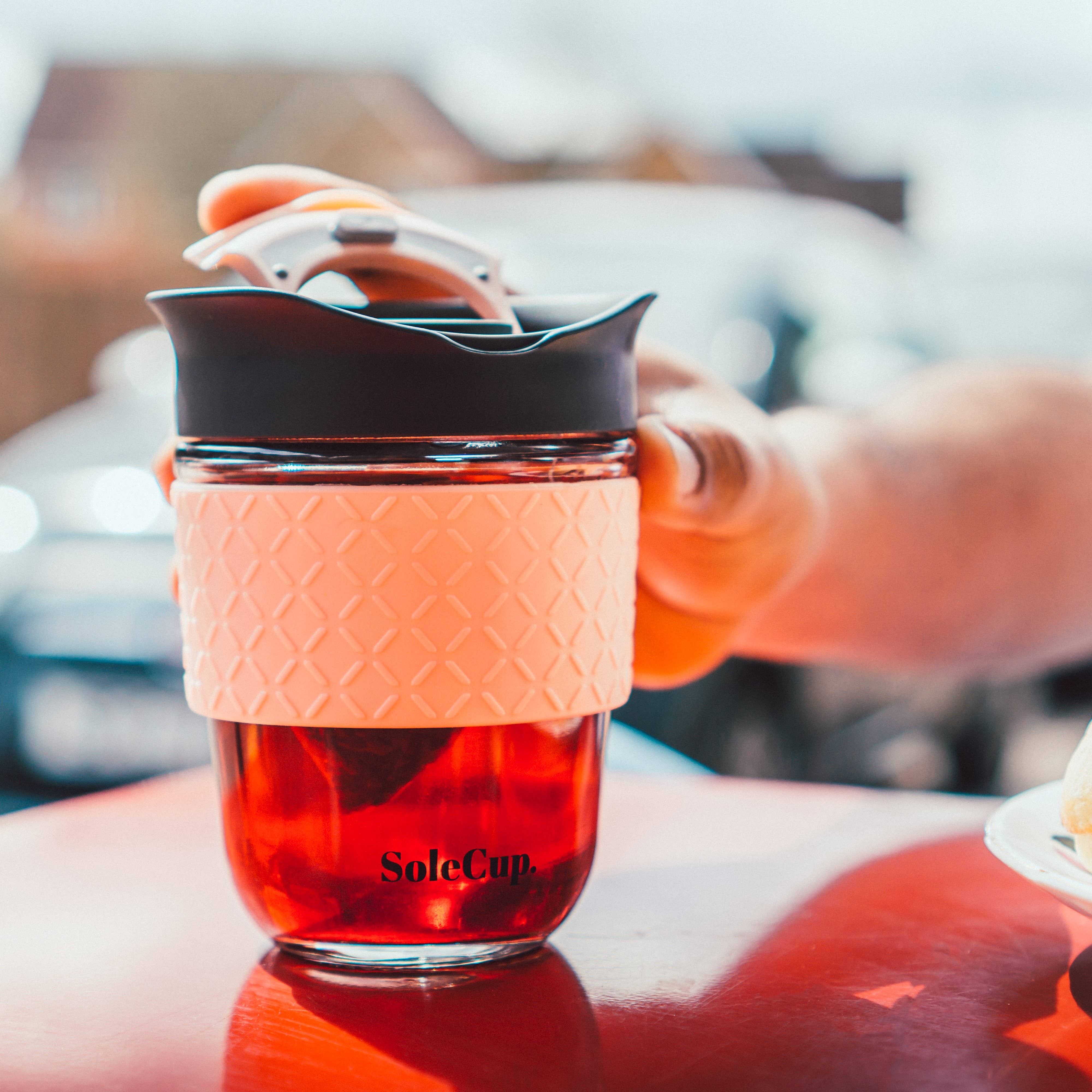 SoleCup - Venta al por mayor Vaso termo - Taza de viaje de vidrio reutilizable SoleCup - 340 ml con banda de silicona6