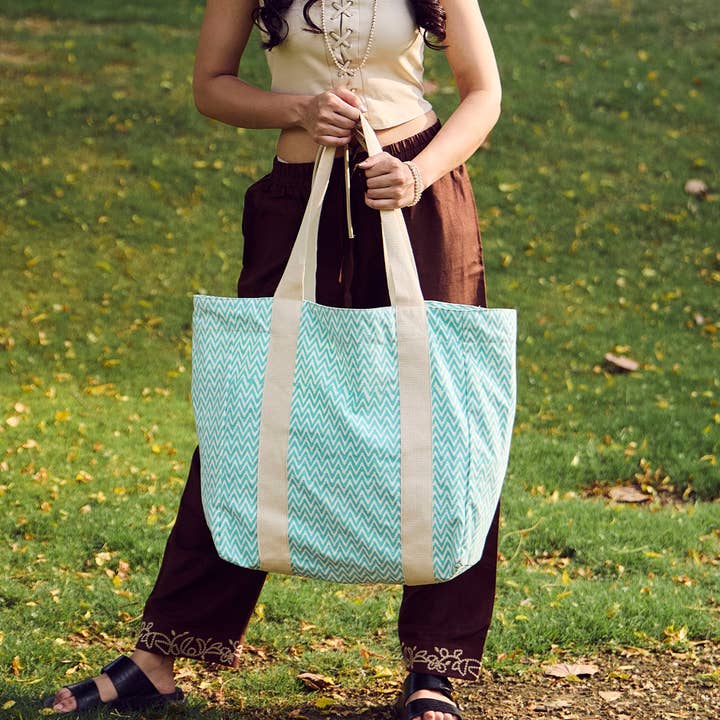 Anju Jewelry - Wholesale Tote Bag - Women's - Handcrafted Canvas Bag with Block-Printed Aqua Zigzag3