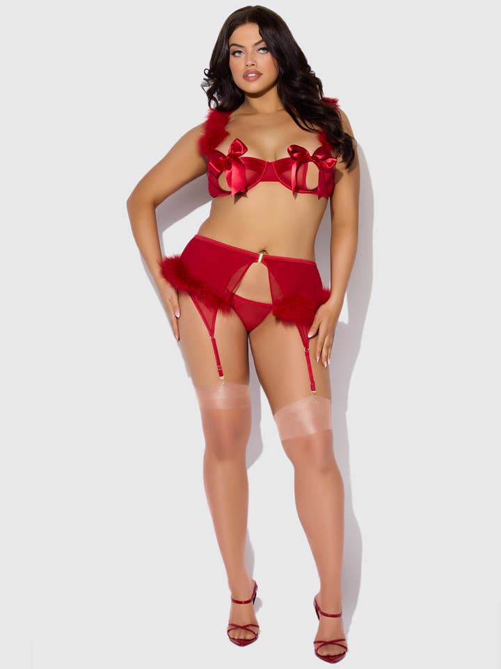 CRIMSON RED MARILYN FEATHER & MESH OPENABLE BRA, GARTER & G-STRING SET for wholesale on Faire