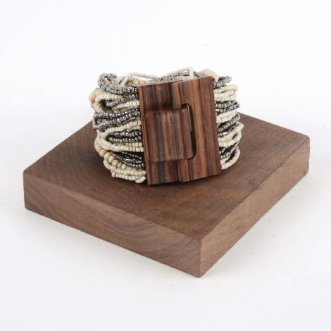 Pink House Imports - Wholesale Beaded Bracelet - Bali Glass Beads Drizzle Bracelet with Wood Buckle0