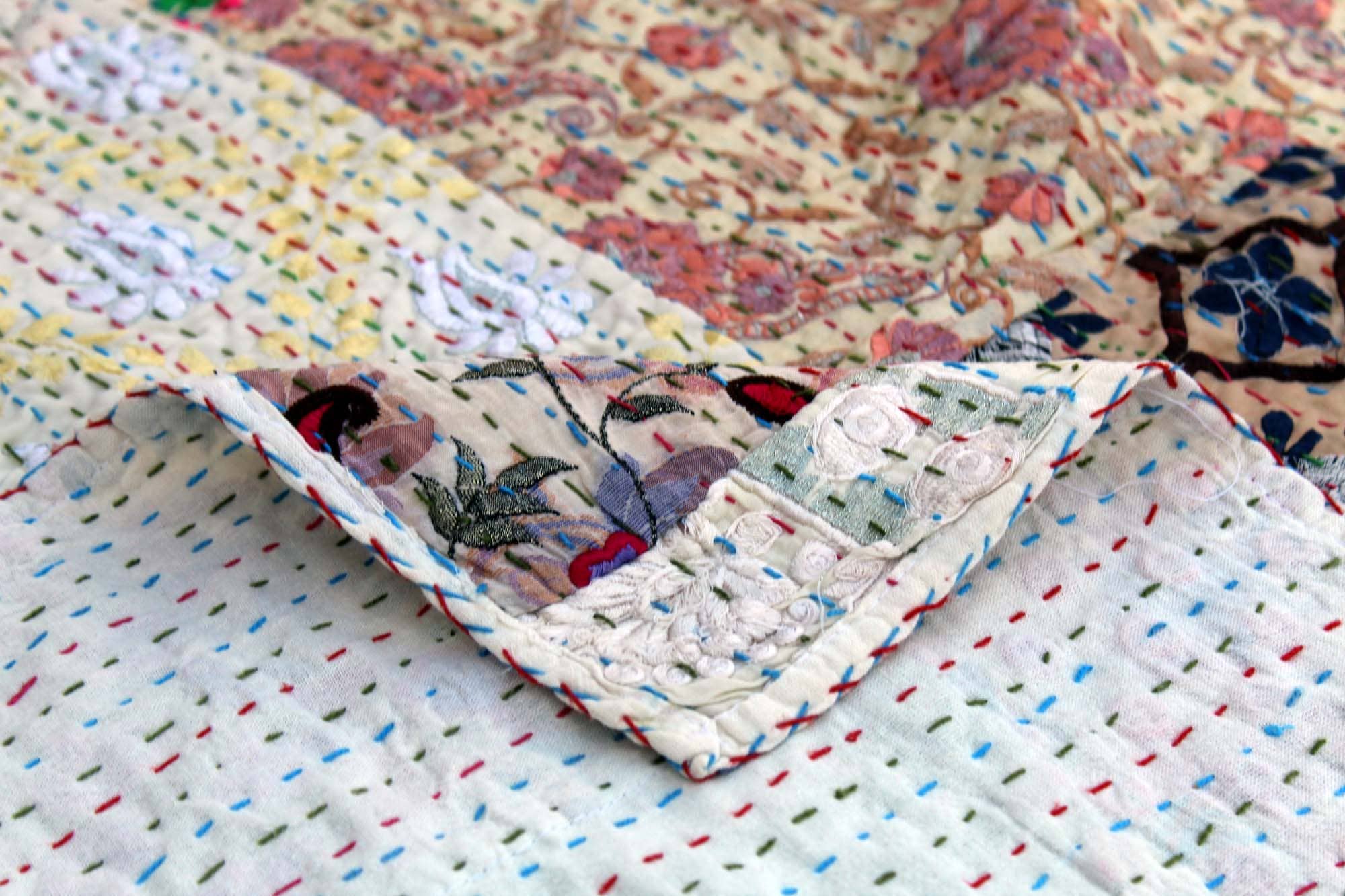 Beige  Cotton Embroidered Sari Patchwork Kantha Bedspread  for wholesale on Faire4