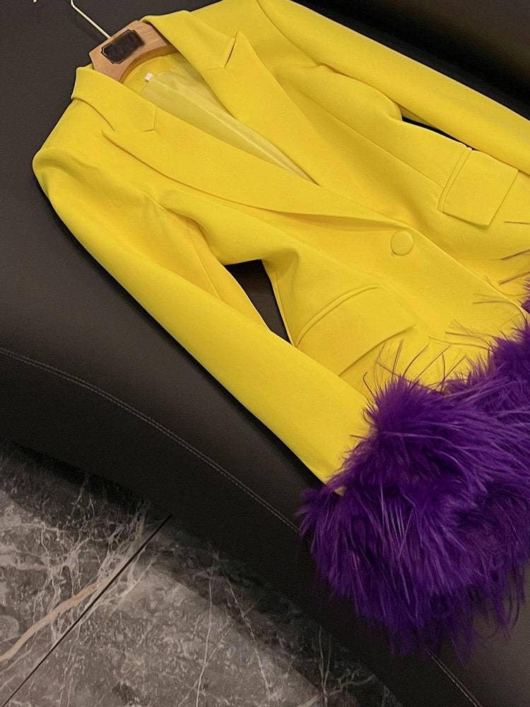 SY372 Yellow Blazer with Purple Feather Cuffs for wholesale on Faire4